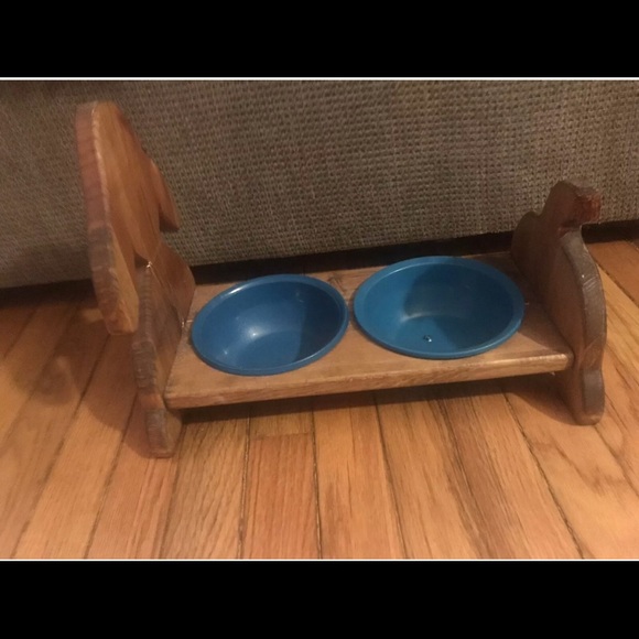 Handmade Wooden Painted Dog Feeder Dish Pet Canopy Two Bowl Holder Unique OOAK - Picture 4 of 7